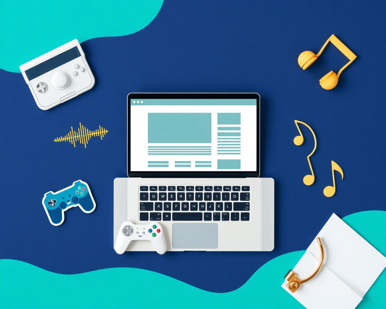 Creative tools collage: website wireframe, game controller, music notes
