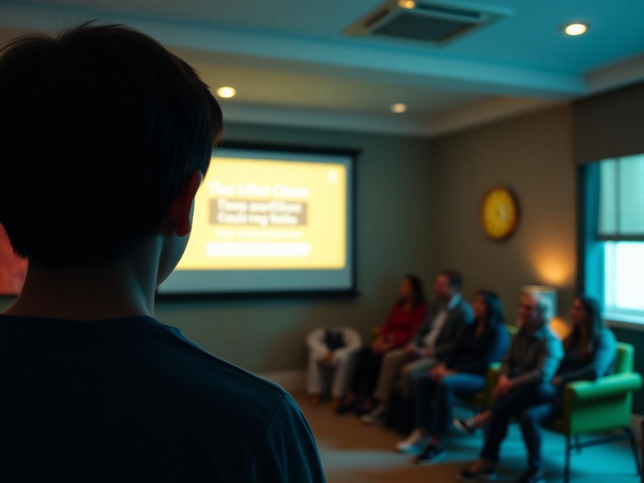 A teenager presenting at Demo Day to a small audience of parents